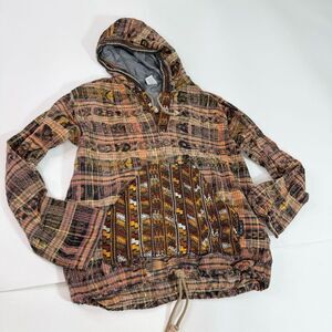 Ixchel Jacket Mens Small Brown Long Sleeve Hooded Drawstring Folk Art Vintage